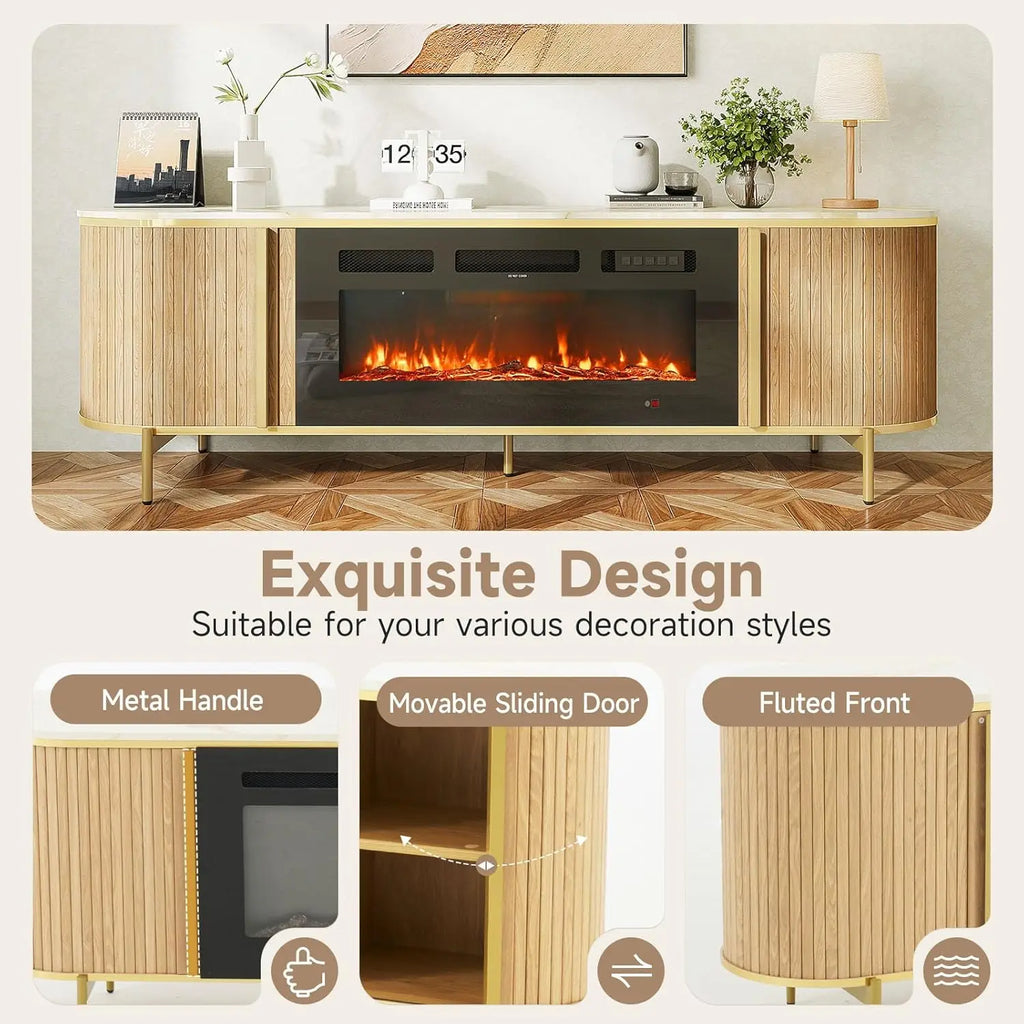 70" Fluted Fireplace Entertainment Center for TVs Up to 80IN, Cabinets