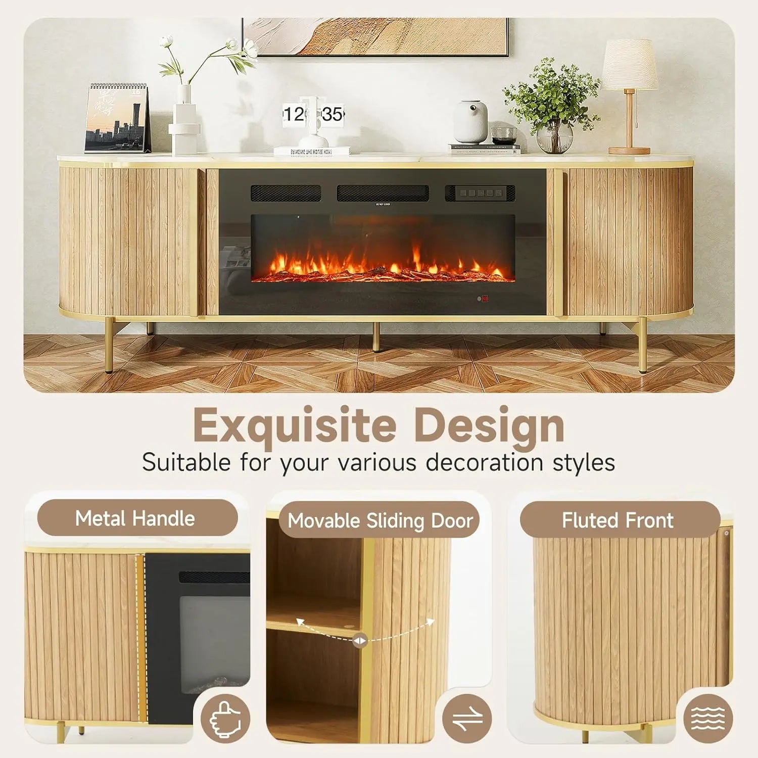 70" Fluted Fireplace Entertainment Center for TVs Up to 80IN, Cabinets