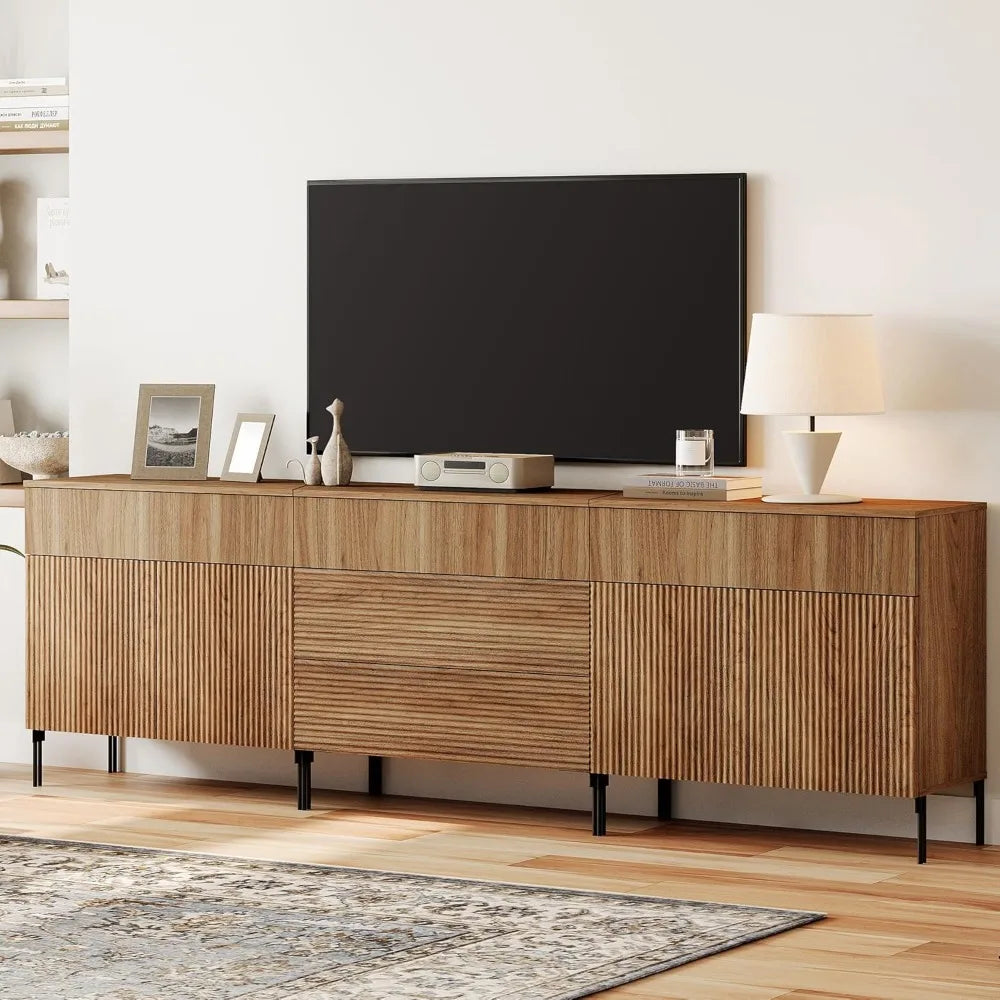 Fluted TV Stand for TVs up to 100IN 3-in-1, Storage Cabinets, 5 Drawers, 4 Doors