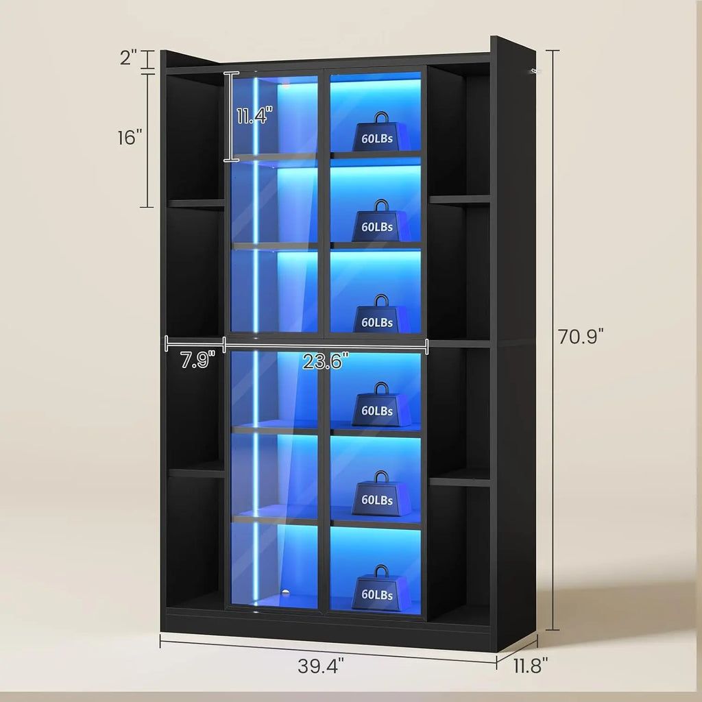Cabinet Acrylic Glass Doors LED Lights, 70" Tall, Adjustable Shelves