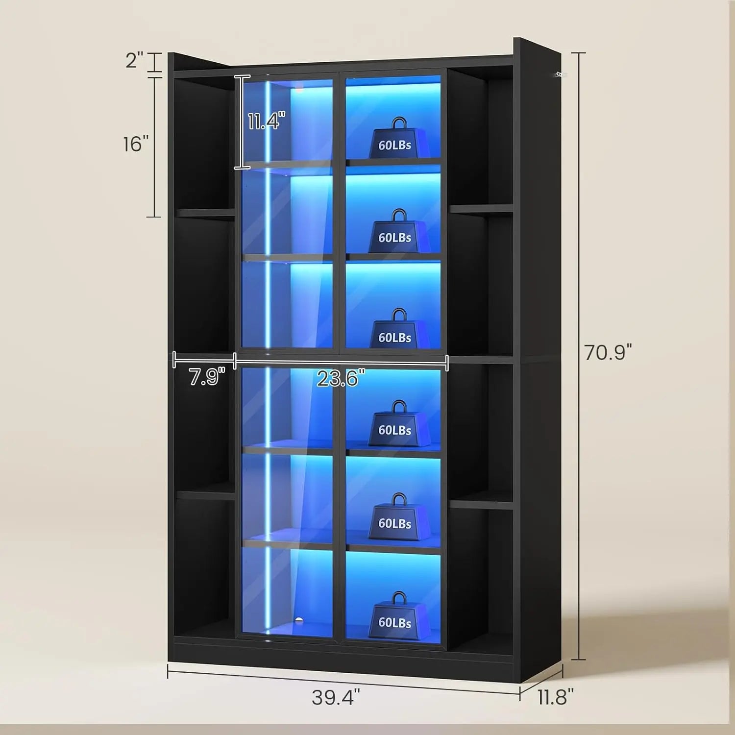 Cabinet Acrylic Glass Doors LED Lights, 70" Tall, Adjustable Shelves