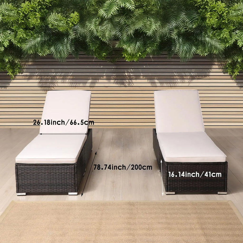 Outdoor PE Wicker Adjustable Reclining Chaise Lounge Set, 2 Cushions