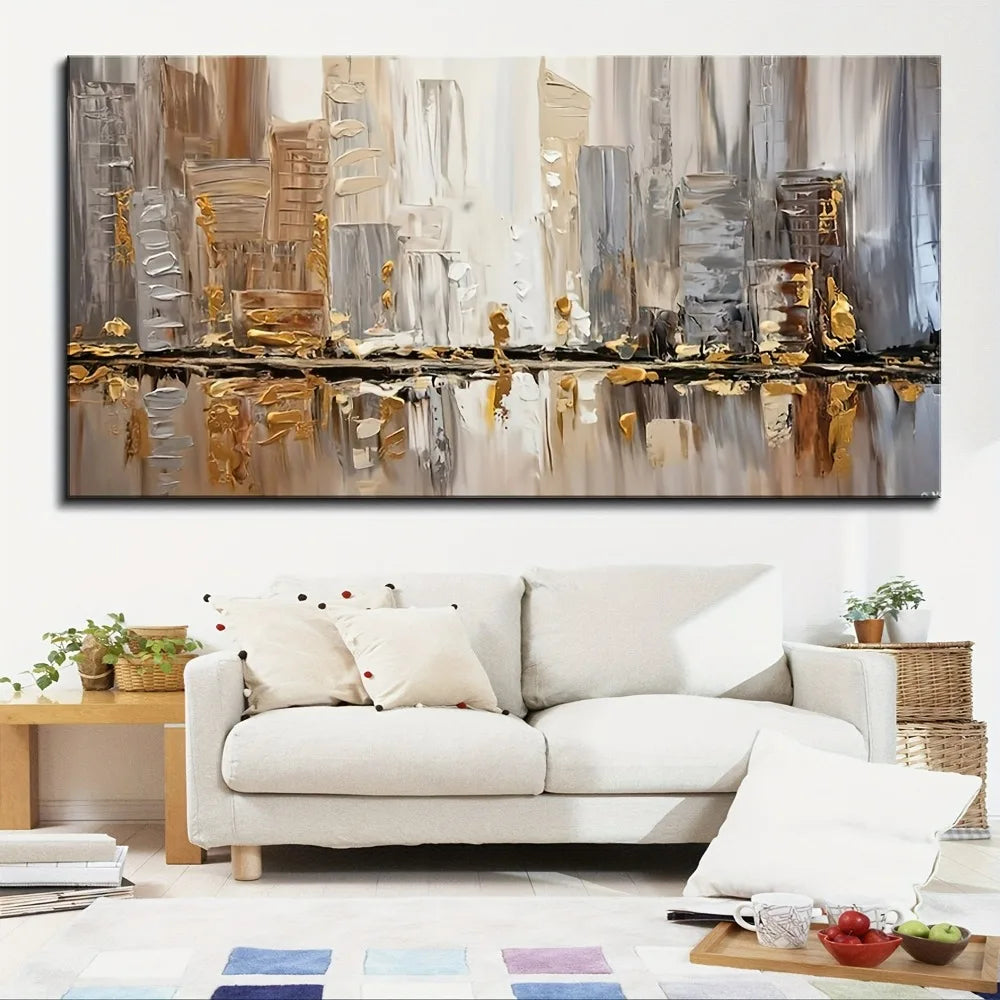 Art Deco -Large Abstract Oil Painting, 1.5" thick frame - neutral / gold accents.