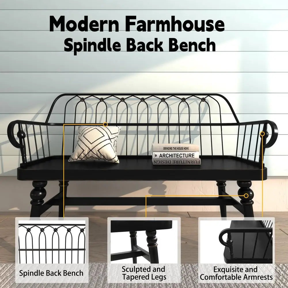 Spindle Back Wood Dining Bench, Armrest, Sculpted Legs