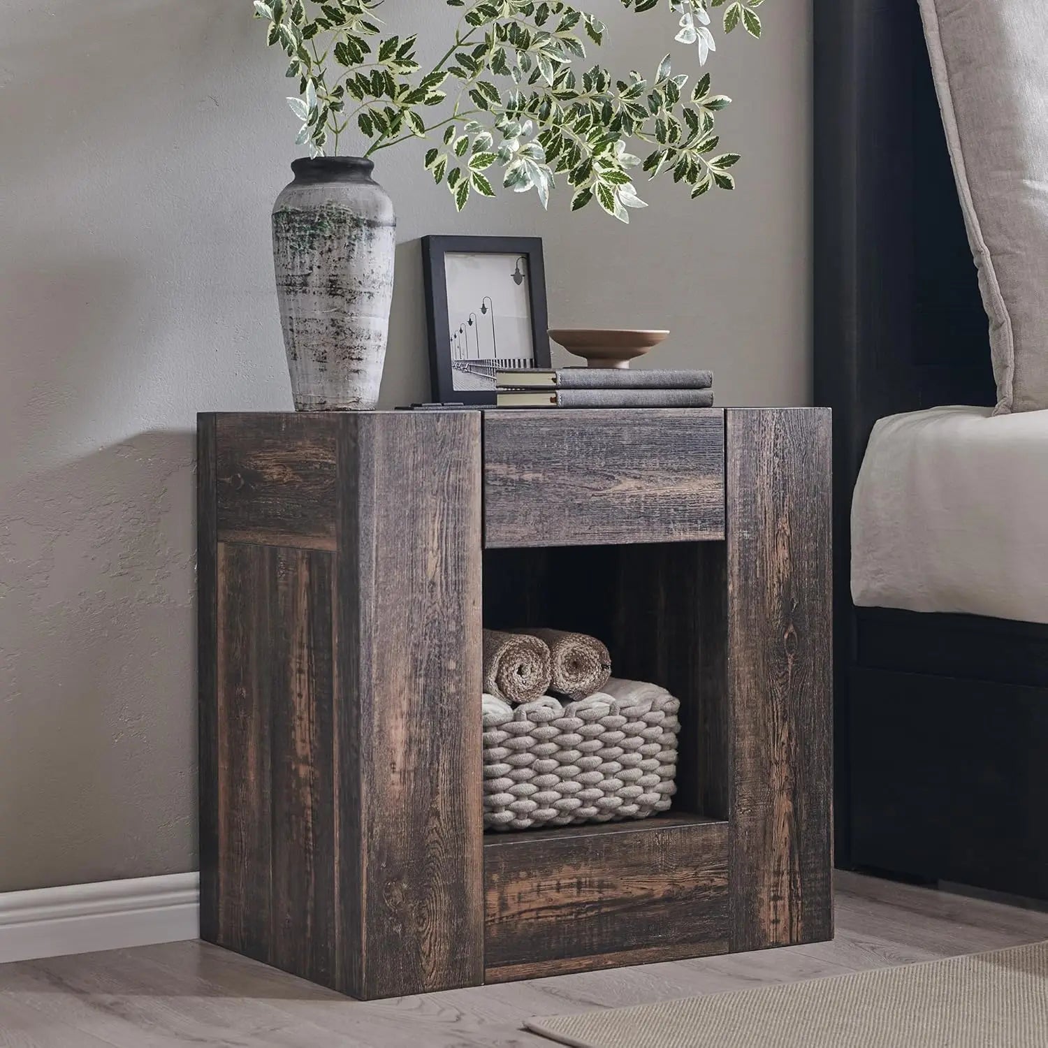 24" Nightstand Charging Station, Hidden Drawers & Open Storage Shelf