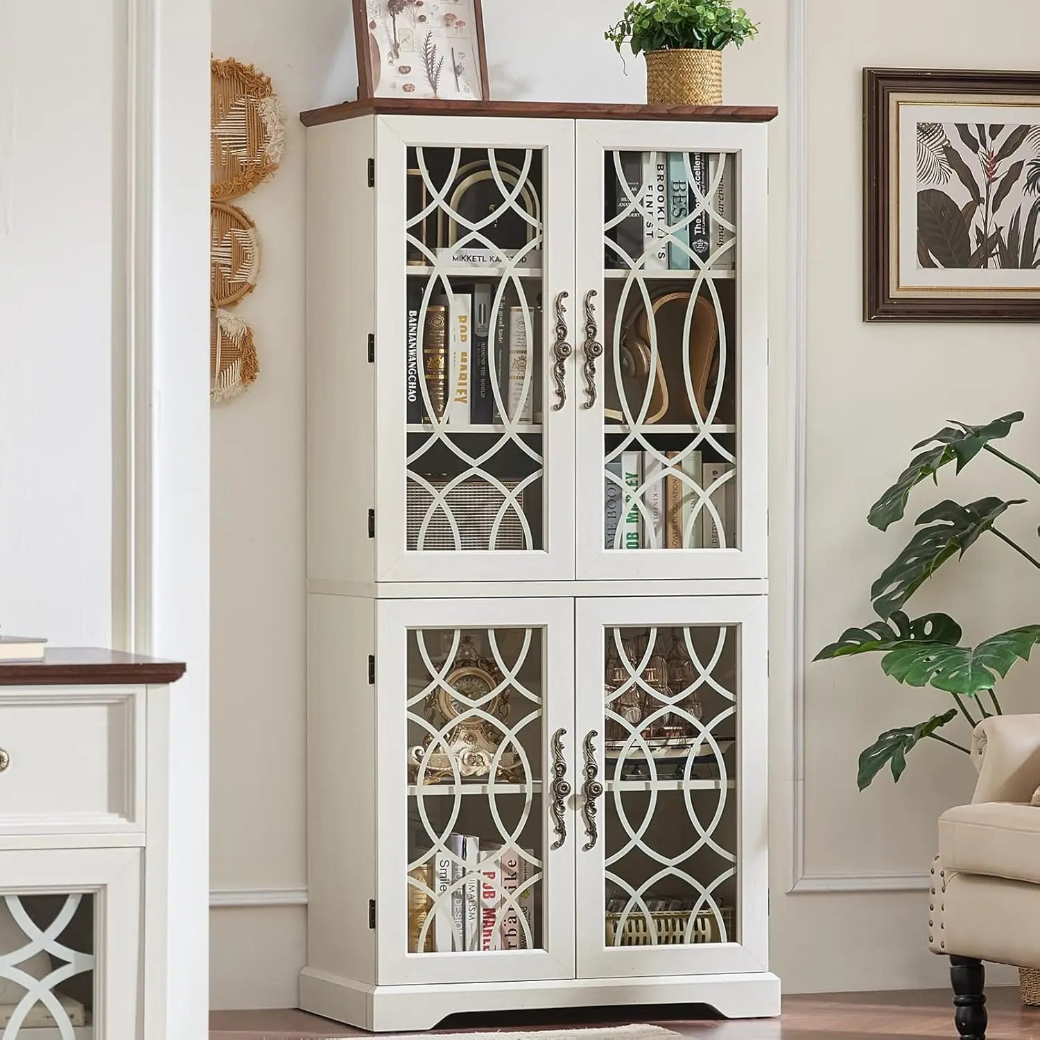 67" Wood Bookshelf Glass Doors 5-Tier Adjustable Shelves , Office White