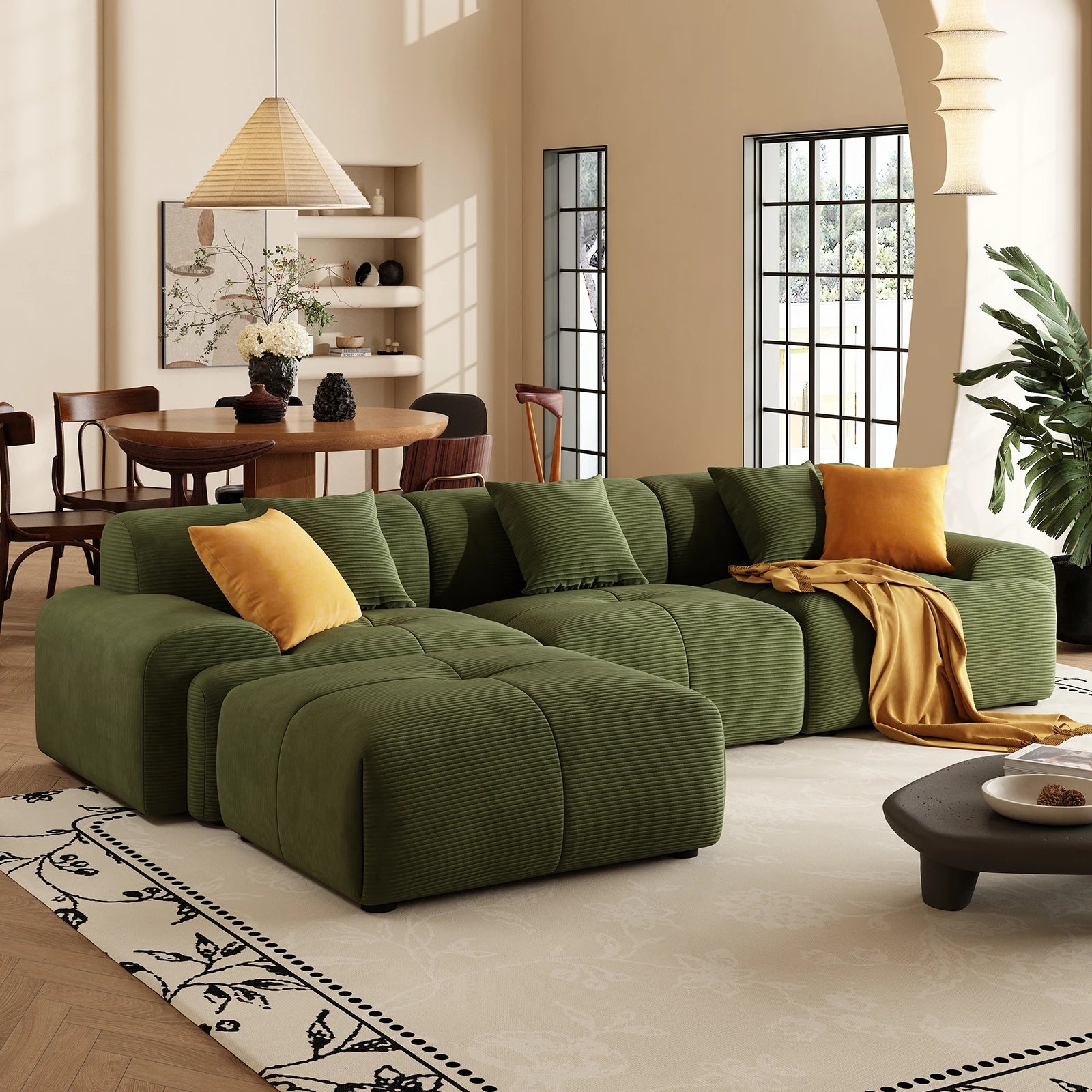 113" 3-Seat Cloud L-Shaped Sectional Sofa, Movable Ottoman, Corduroy Upholstery