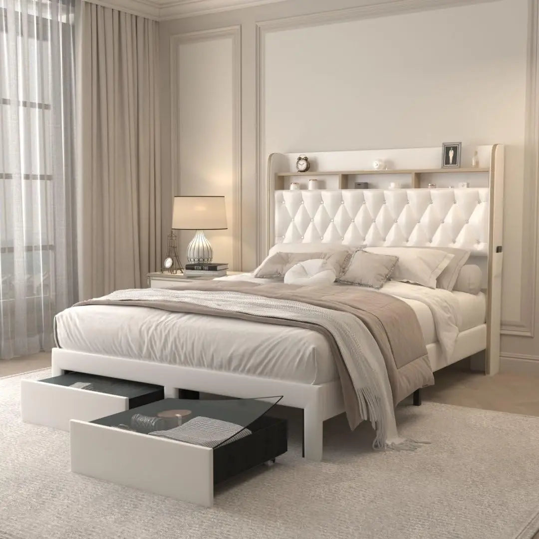 LED Bed Frame, Storage, Star Projector, Charging Station, 2-Tier Headboard, PU Leather Bed