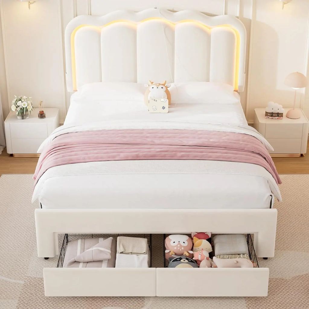 Velvet LED Bed Frame, 2-Drawers, RGB LED Adjustable Headboard, Charging Station