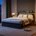 Queen Bed LED Light Headboard Black Platform 2-Drawers Charging Station