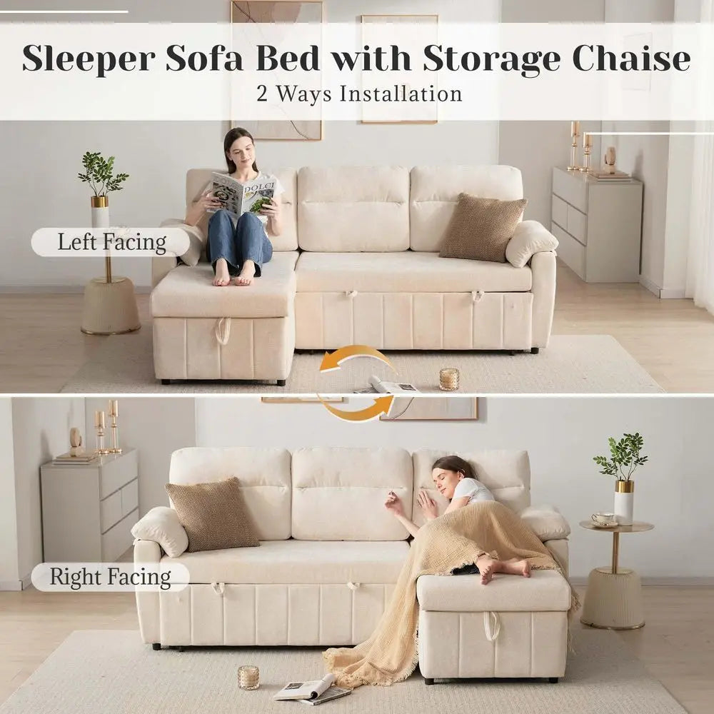 86IN Sectional Sleeper Sofa, Storage Chaise, Chenille Couch USB Ports