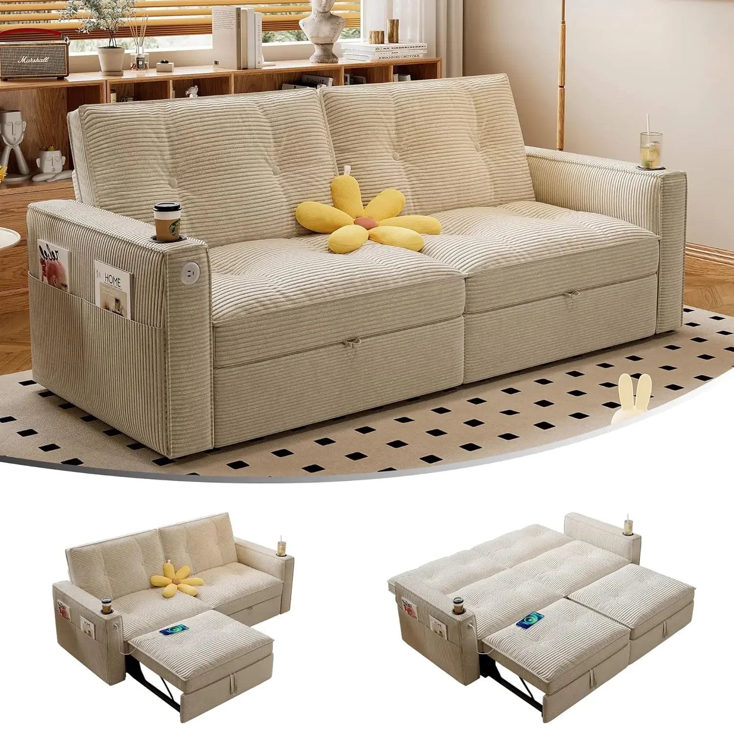 73" 2-Seater Queen Size Loveseat Sleeper Sofa, Pull Out Bed, USB