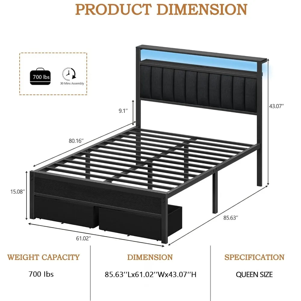 Bed Frame, Charging Station LED Lights, Grey Upholstered Headboard, Shelves,