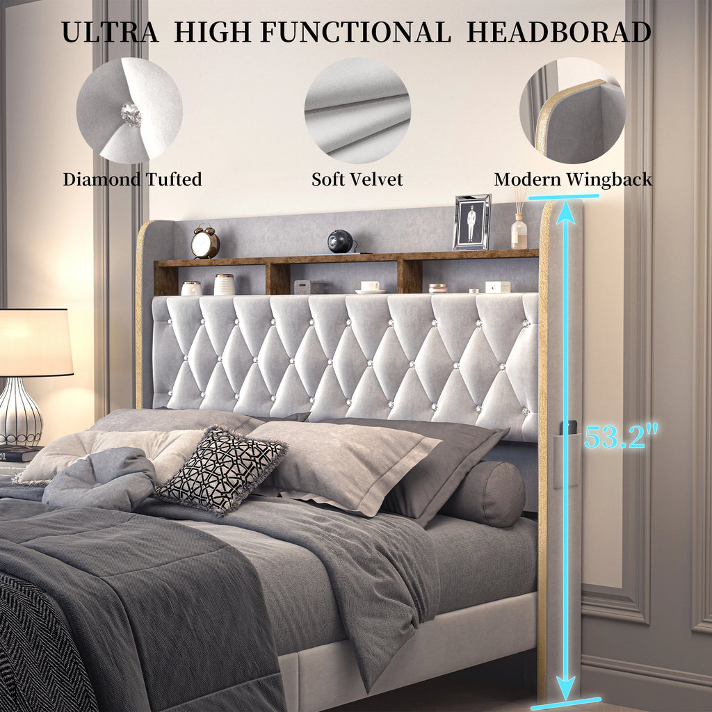 LED Bed Frame, Storage, Star Projector, Charging Station, 2-Tier Headboard, PU Leather Bed