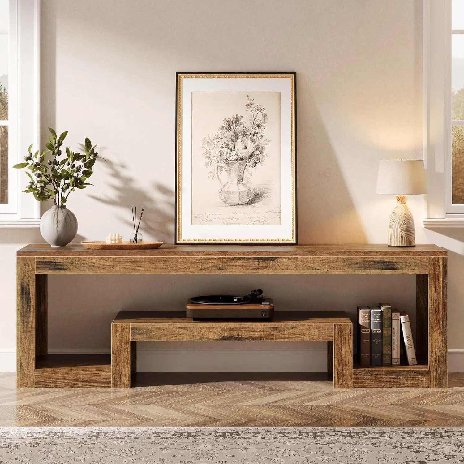 63IN Wood TV Stand Entertainment Center Open Storage Shelves