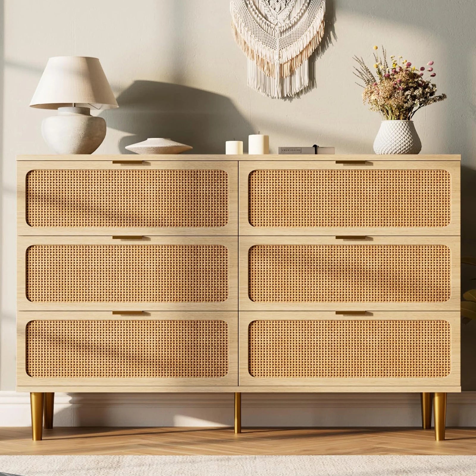 6-Drawer Hand Woven Rattan/Wood Dresser, Natural Deep Drawers
