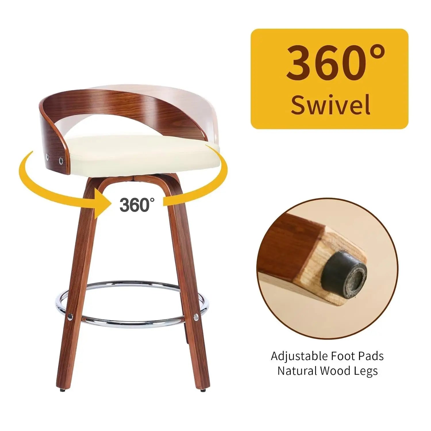 360° Swivel Bar Stools, Low Back Set-of-2, Cherry Wood, Beige PU Upholstered