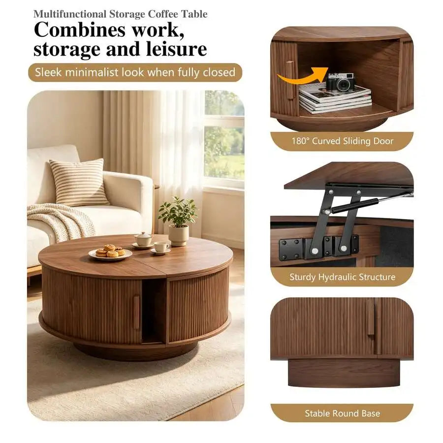 31.5" Lift Top Coffee Table, Fluted, Sliding Tambour Door Hidden Storage