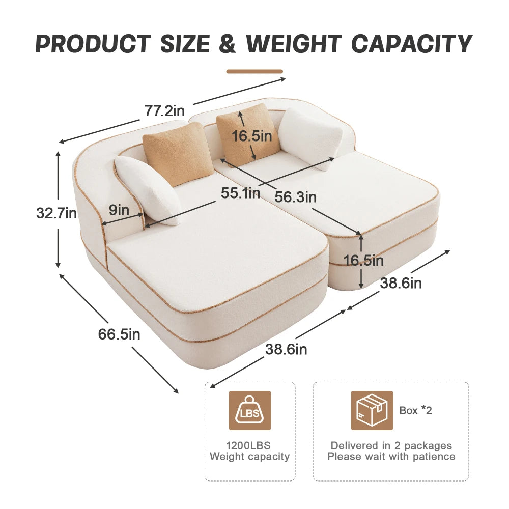 77.2" Fabric Boneless Sofa Couch with Double Chaises Sleeper Sofa