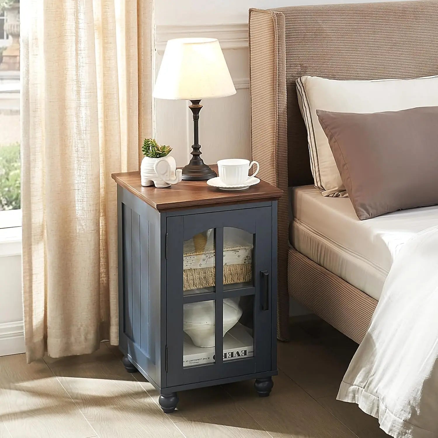 Narrow End Table Set of 2 Charging Station Glass Door
