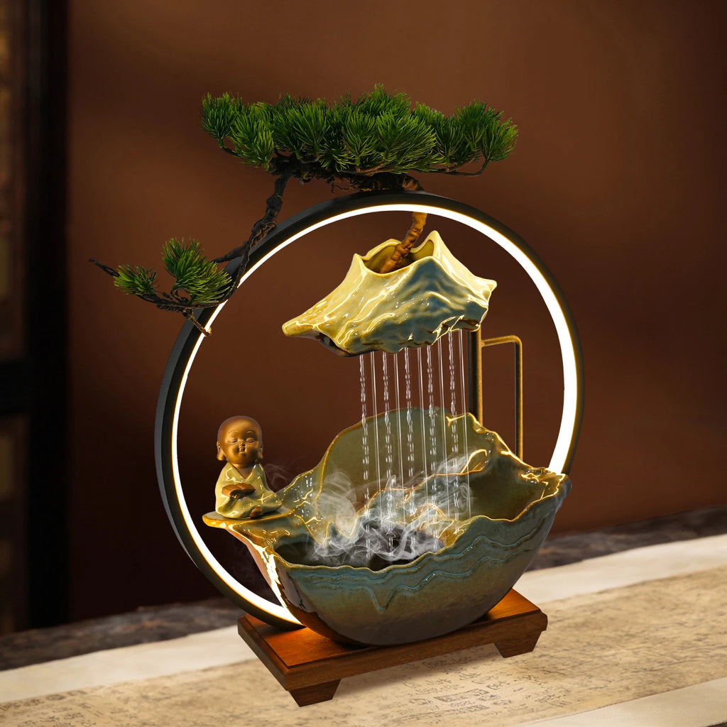 Desktop Ceramic Fountain Chinese Ancient Style Poetry, Book Monk