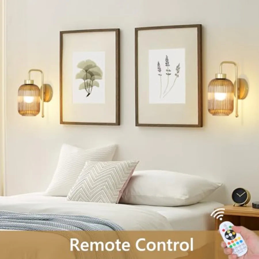 Gold Wireless Wall Sconces Battery Operated, Rechargeable Set-of-2 w/Remote and Bulb