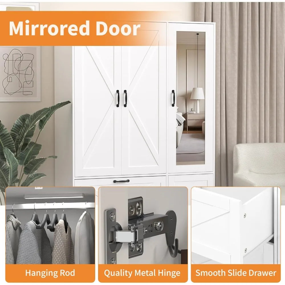 71.7" Armoire Wardrobe Mirror 3-Doors 2-Drawers Motion Sensor