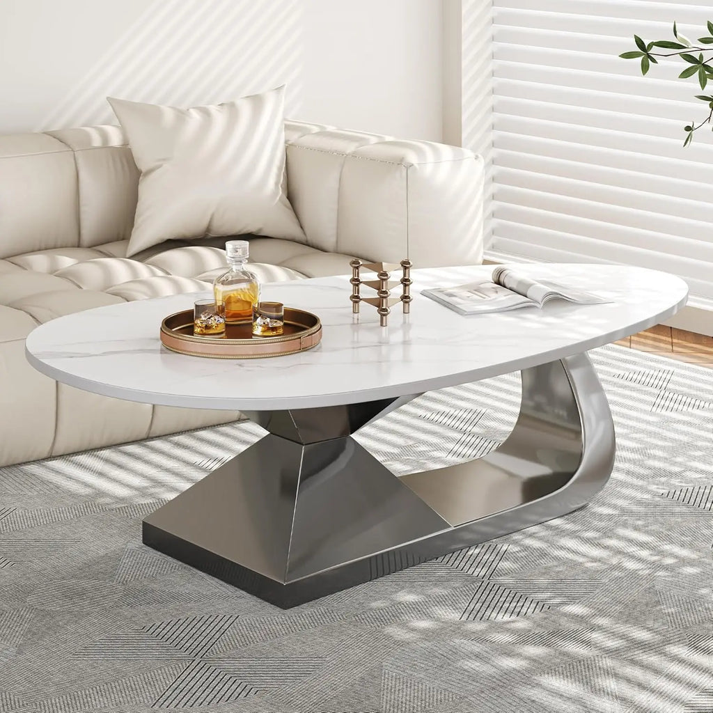 Coffee Table, Silver Stainless Steel Pedestal Oval Faux Marble Top.