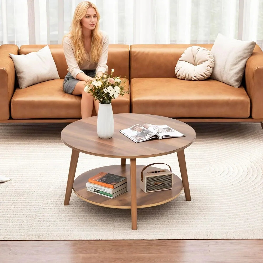 2-Tier Round Coffee Table, Storage, Sturdy MDF, Tapered Legs, Easy Assembly
