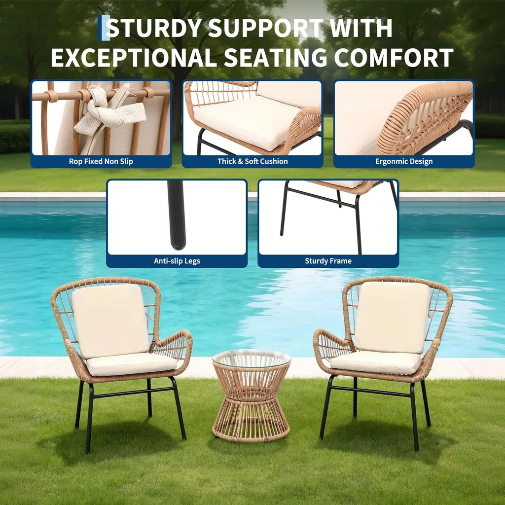 3PCS Patio Set PE Rattan Bistro Set-2 Wide Cushioned Chairs Glass Table