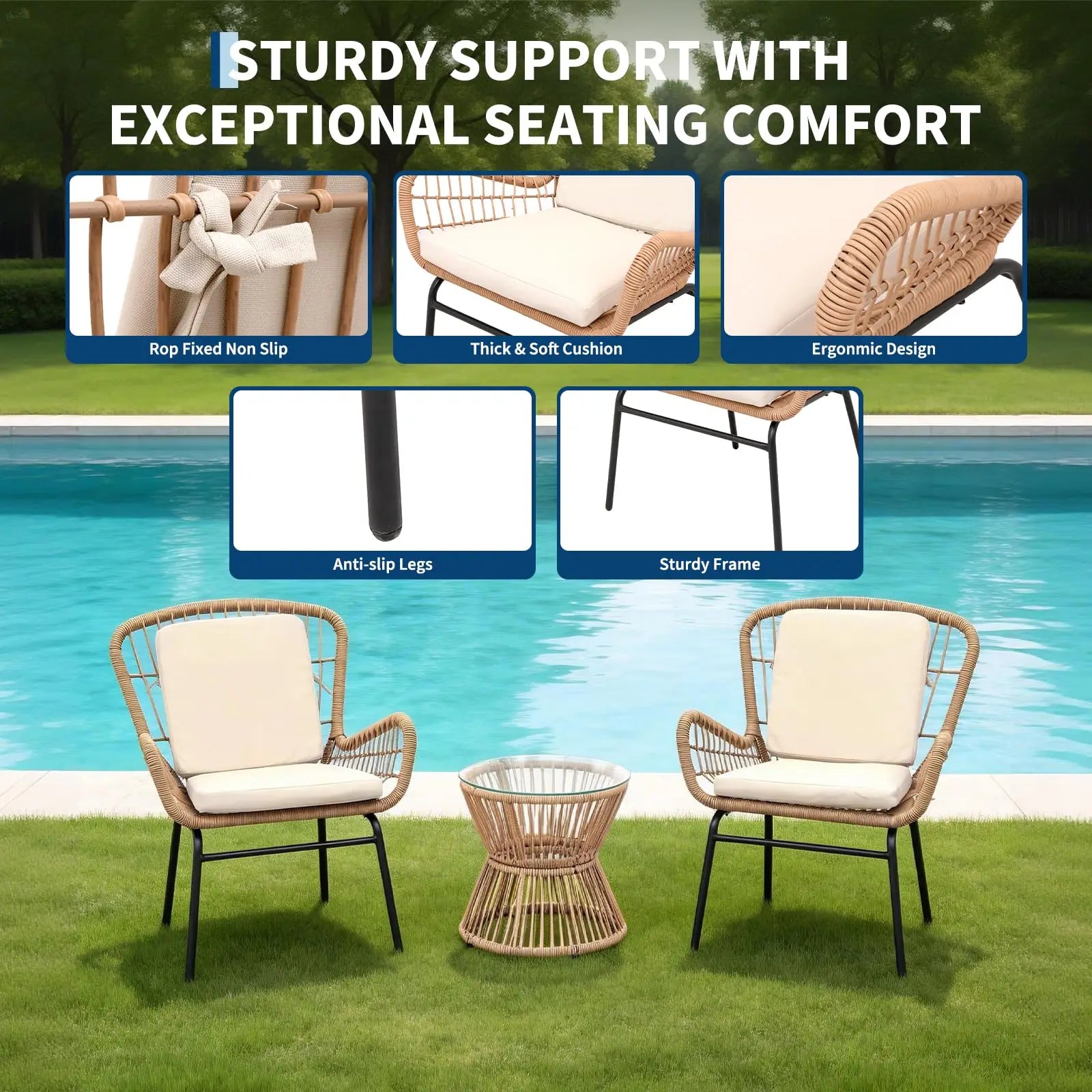 3PCS Patio Set PE Rattan Bistro Set-2 Wide Cushioned Chairs Glass Table