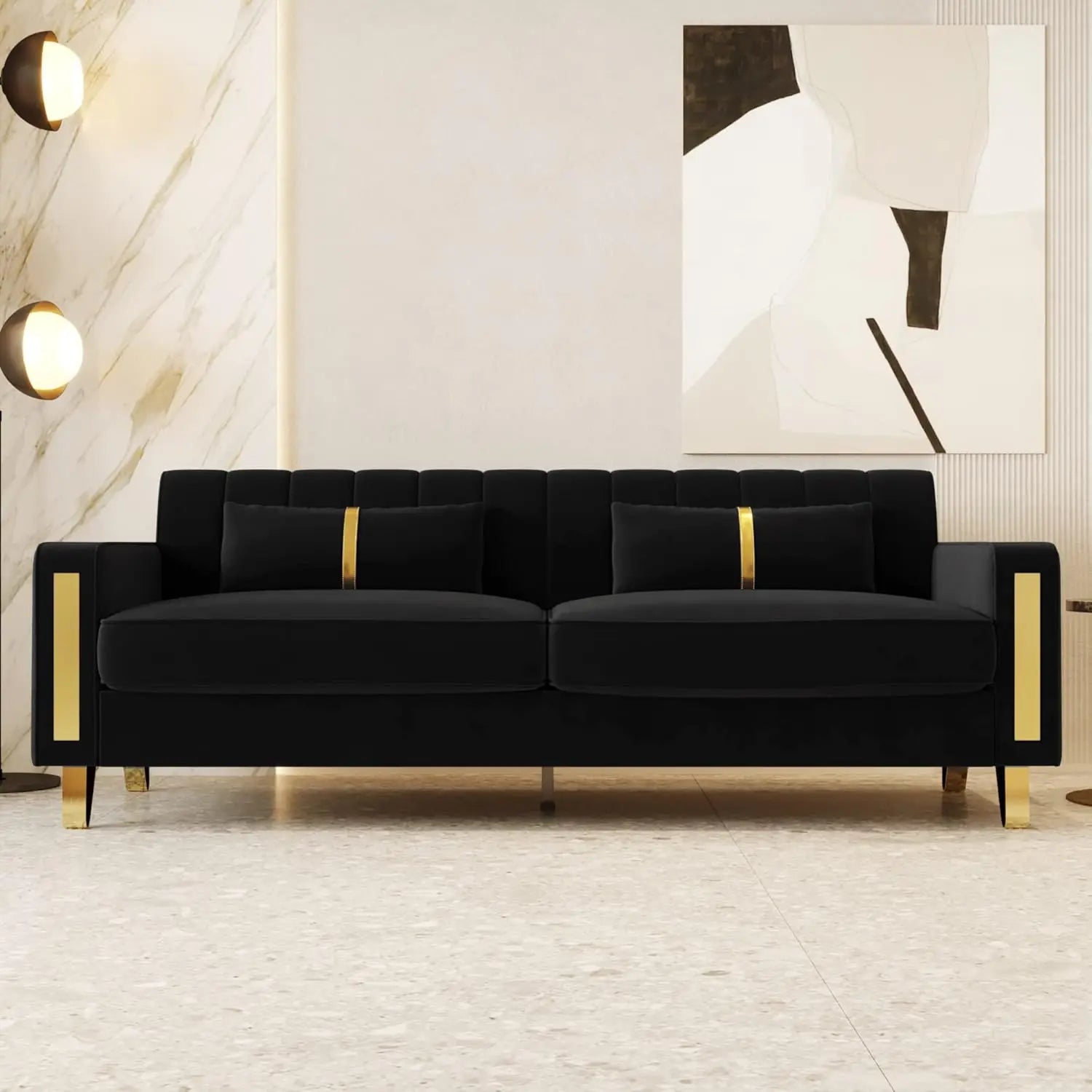 Velvet Chesterfield, Black 82" Sofa, Gold Metal Legs