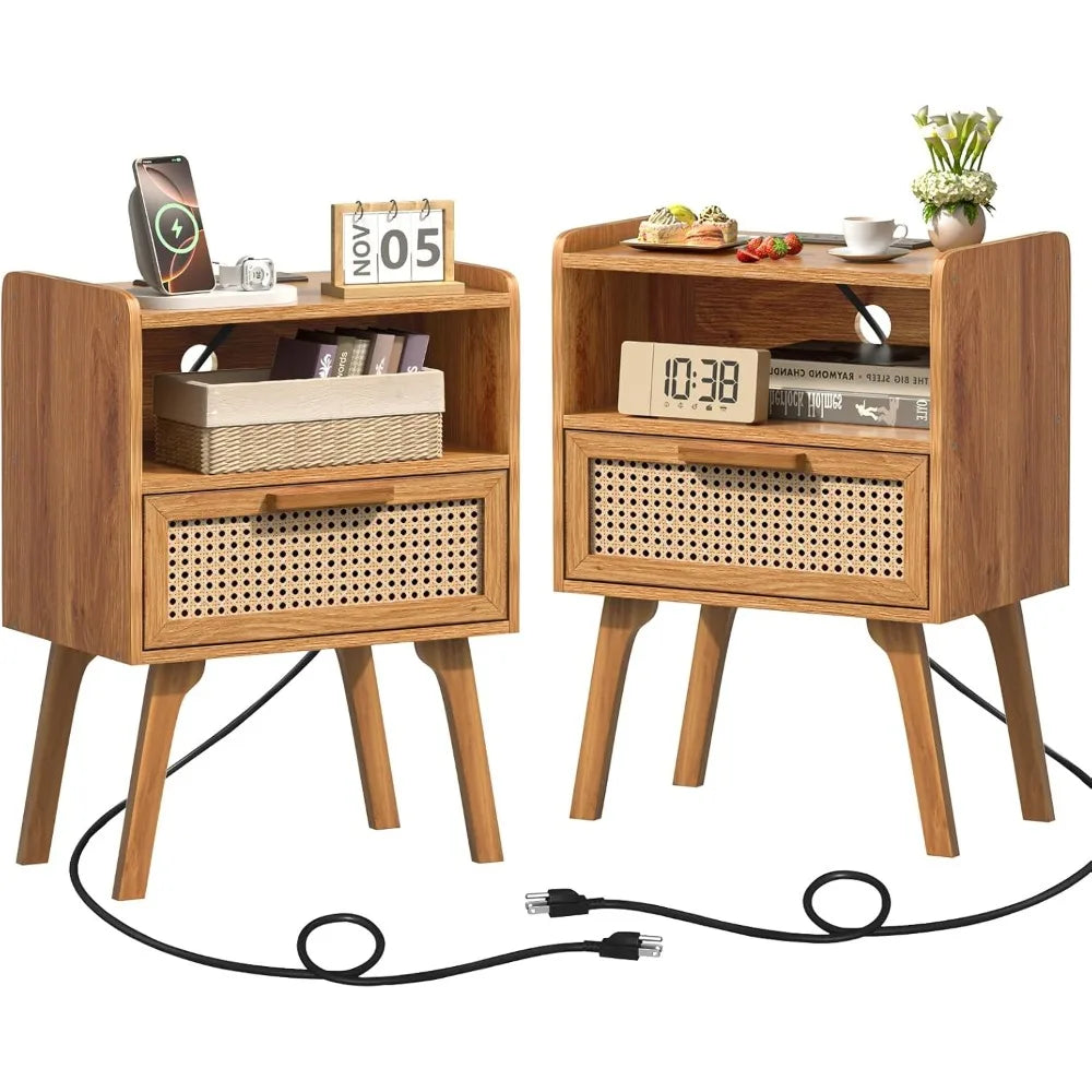 Rattan Nightstands Set of 2, Charging Station, Drawer, Solid Wood Legs