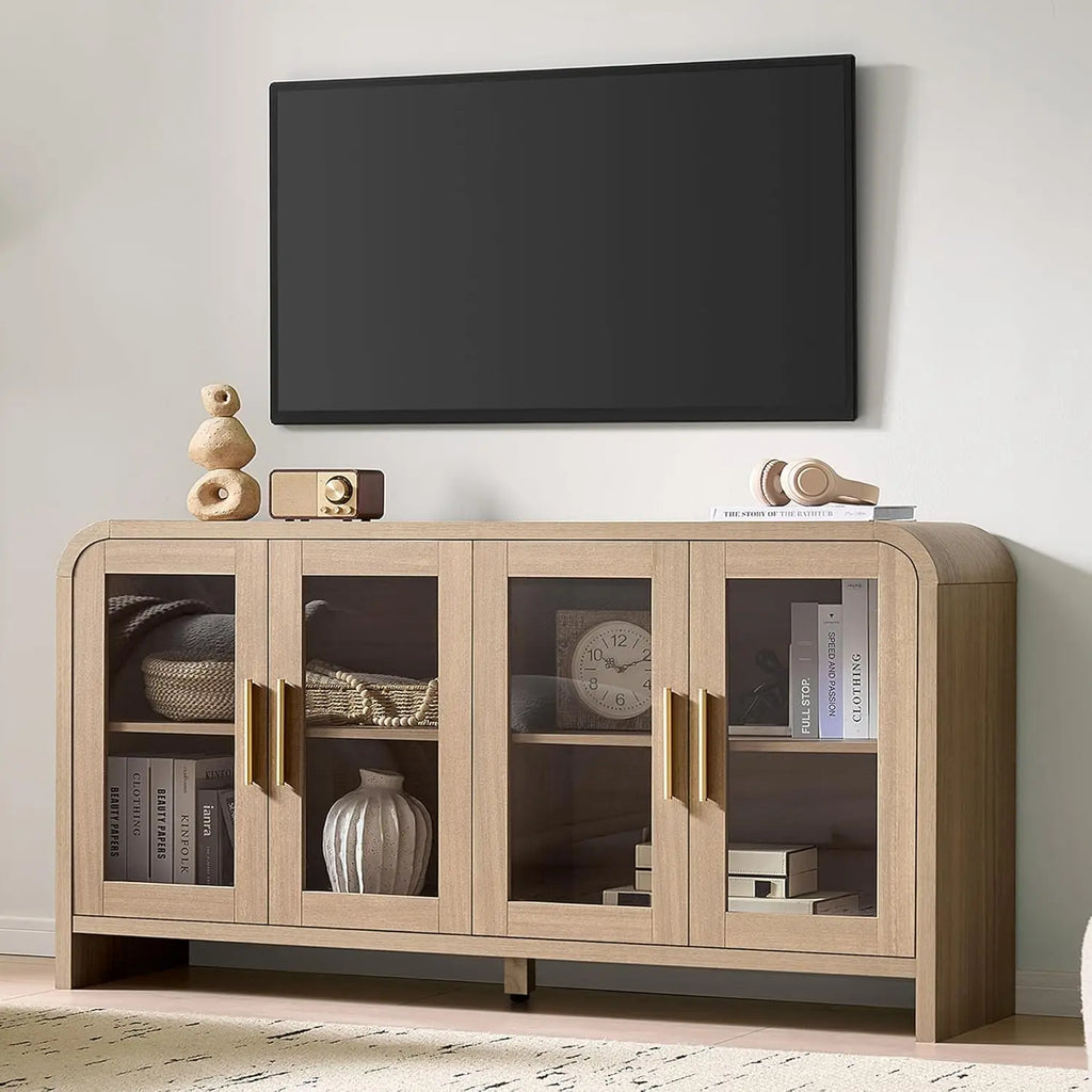 59" Sideboard Buffet Cabinet Storage, Adjustable Shelves 4 Glass Doors