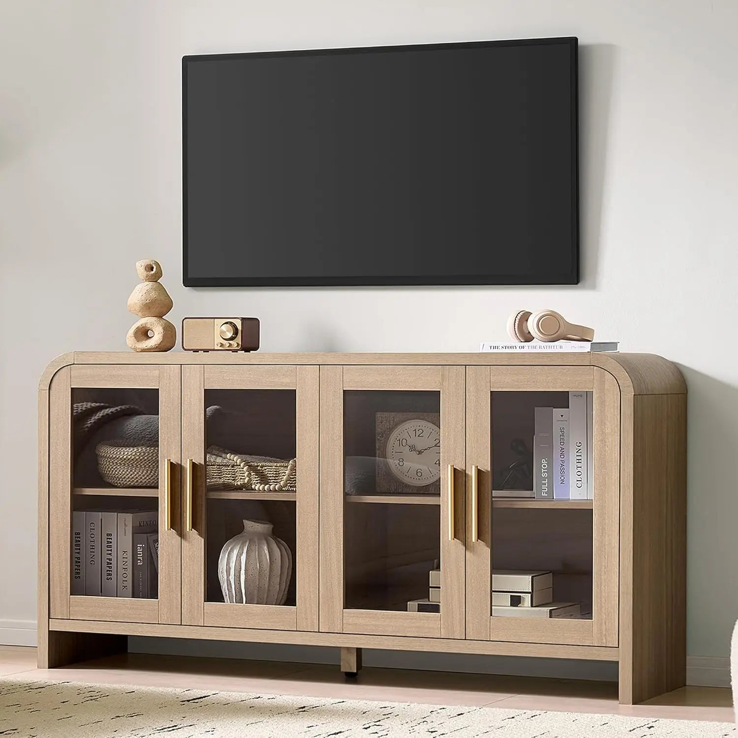59" Sideboard Buffet Cabinet Storage, Adjustable Shelves 4 Glass Doors