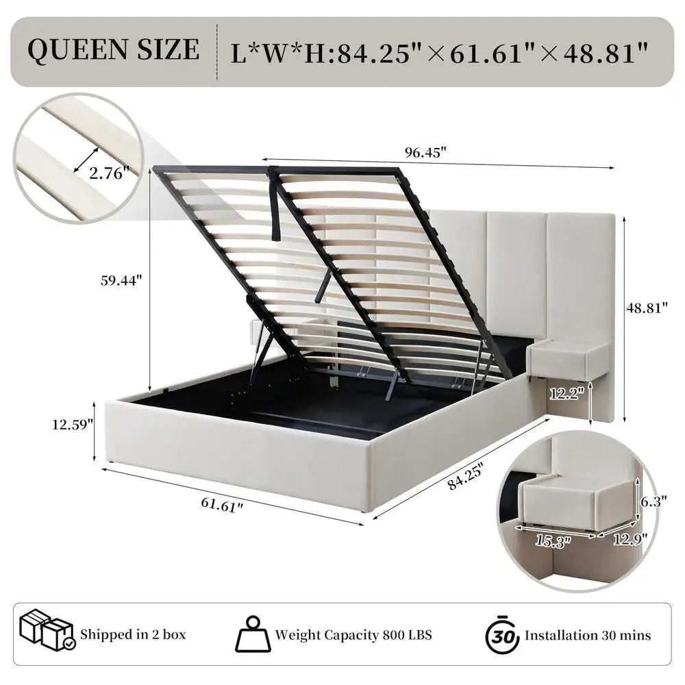 Velvet Headboard, Platform Bed Frame, Lift-Up Storage, Built-in Nightstands, No Box Spring Needed