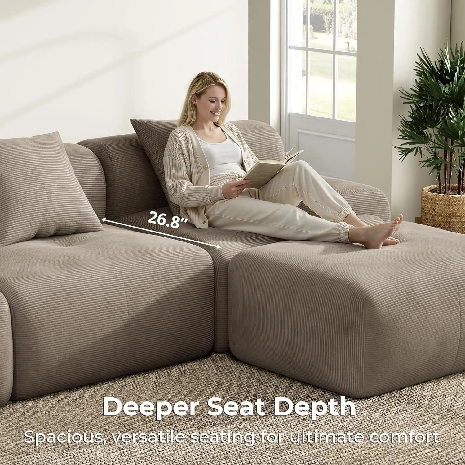 Sectional Sofa Ottoman 118"  L-Shaped Corduroy Deep Seat Oversized