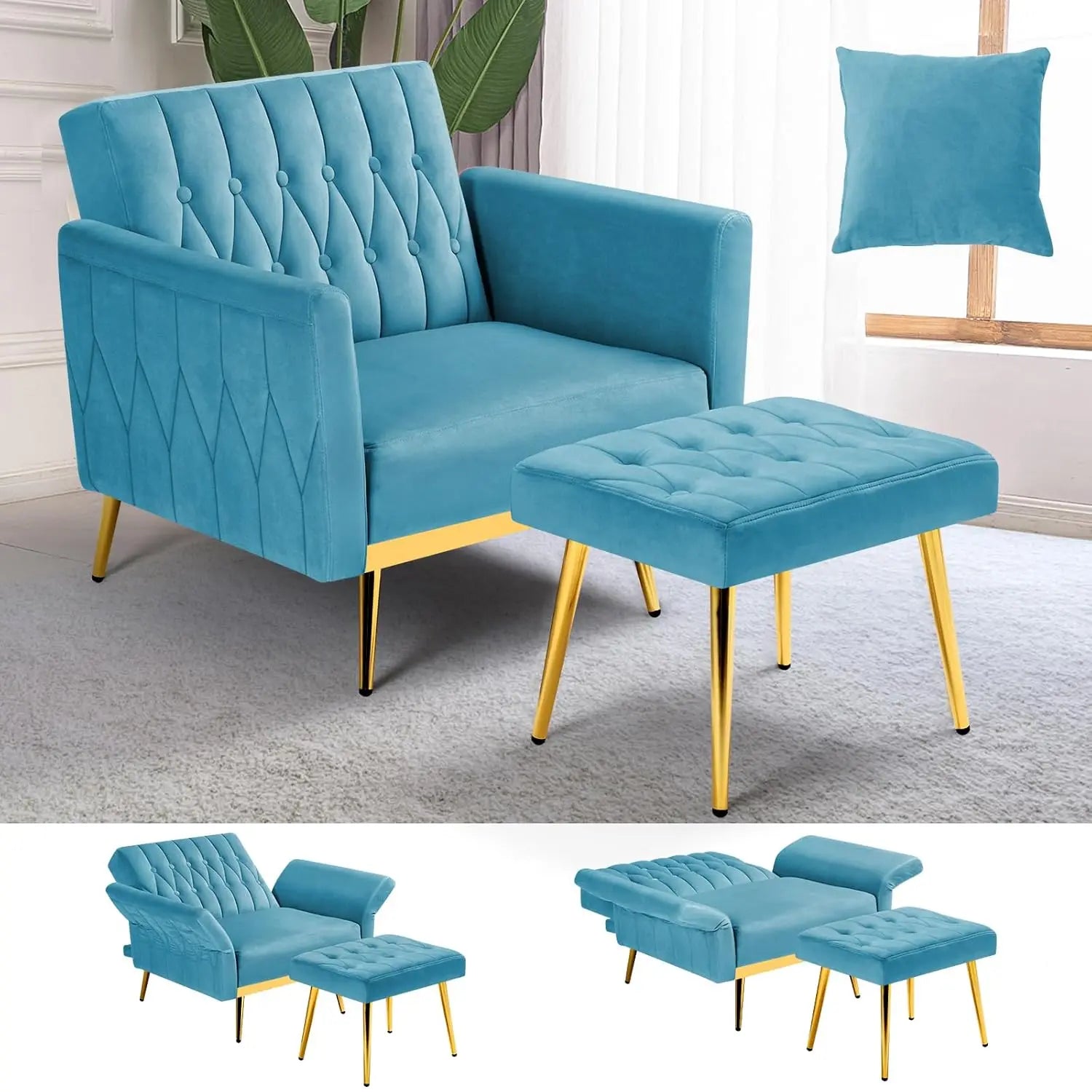Velvet Recliner Chair Adjustable Armrests and Backrest, Button Tufted Chair