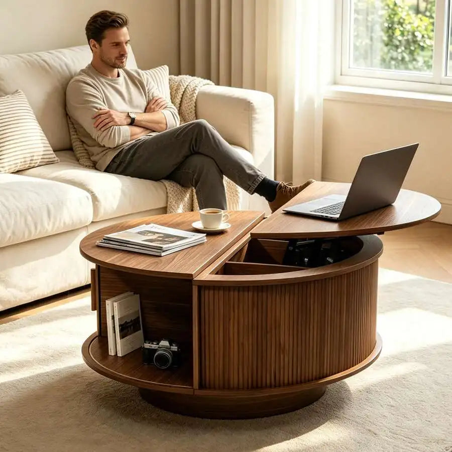31.5" Lift Top Coffee Table, Fluted, Sliding Tambour Door Hidden Storage