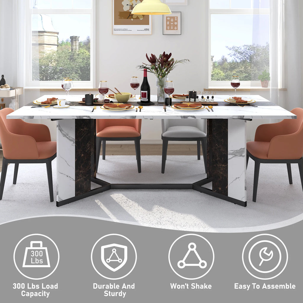 71IN Rectangular Table for 4-10 people, Marble Color Wood Tabletop, Metal Legs