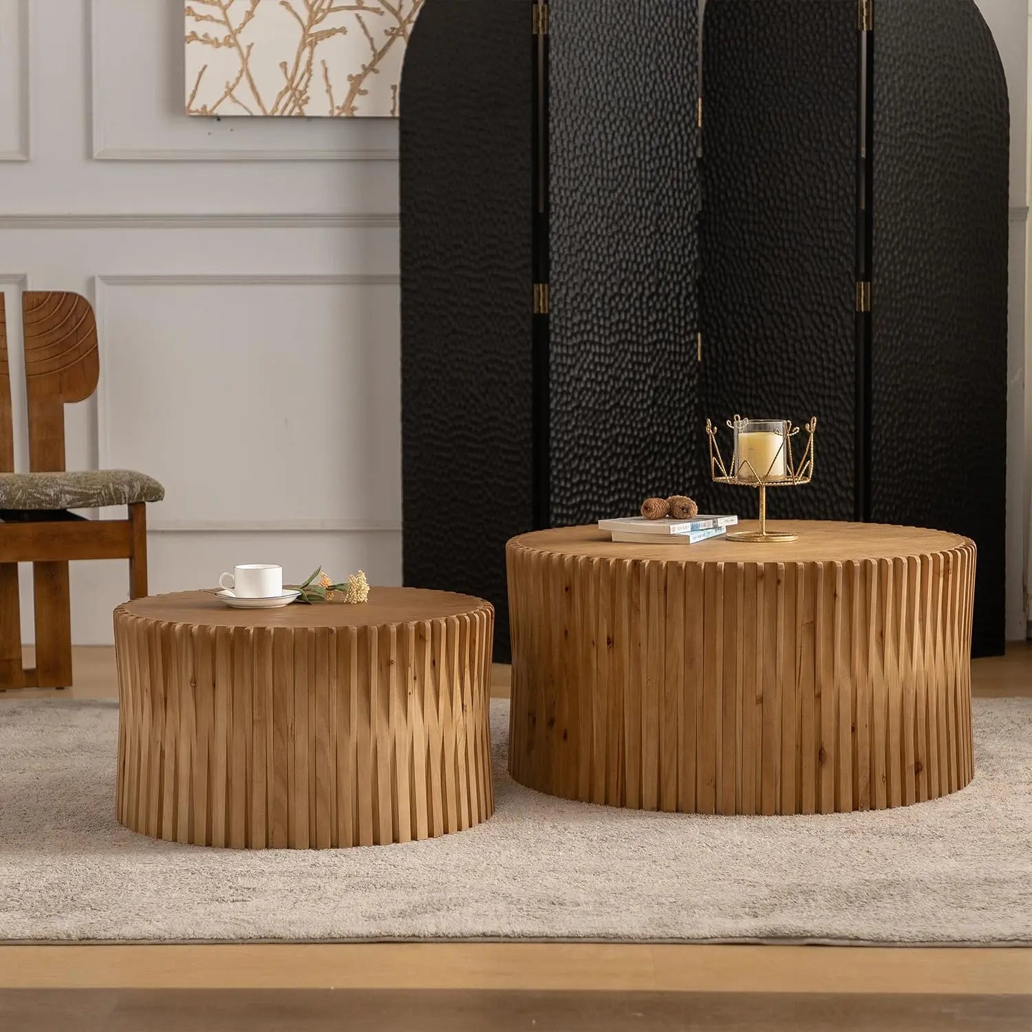 47.25" Round Wood Drum Coffee Table Set 2 No Assembly