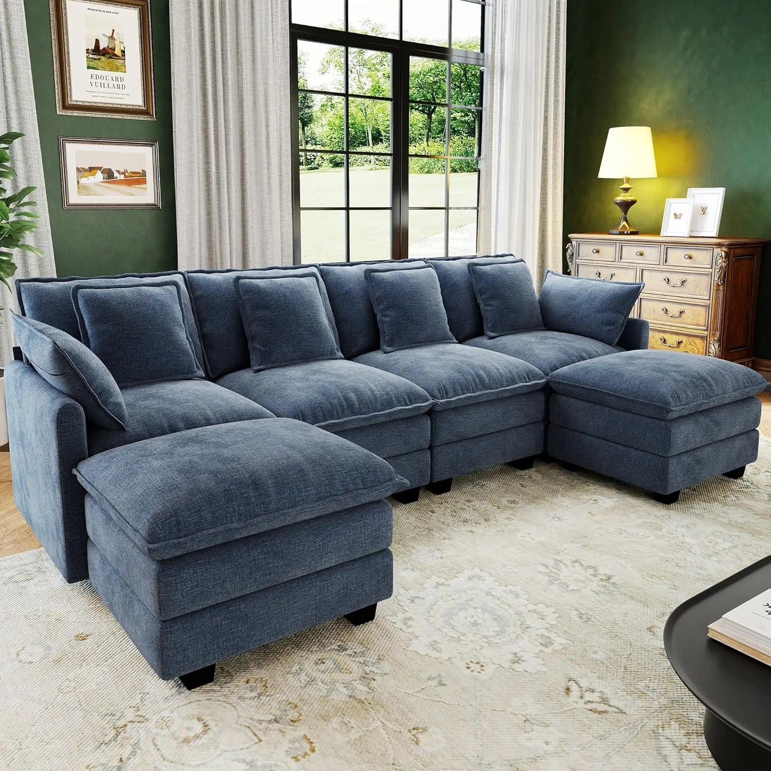 107IN U-Shaped Modular Sectional, Deep 4 Seater, 6 Washable Pillows, 2 Ottoman