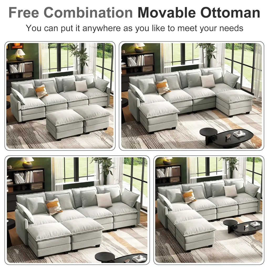 107IN U-Shaped Modular Sectional, Deep 4 Seater, 6 Washable Pillows, 2 Ottoman