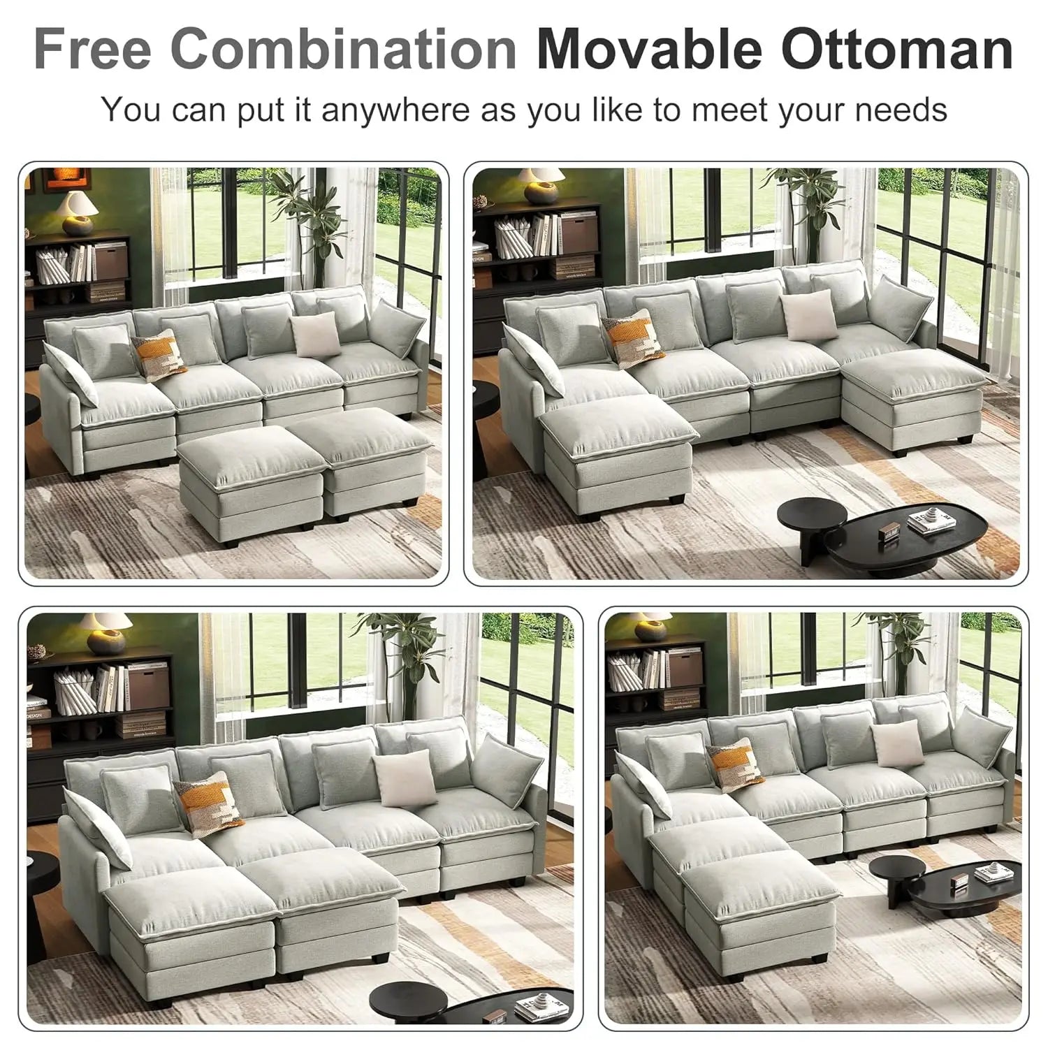 107IN U-Shaped Modular Sectional, Deep 4 Seater, 6 Washable Pillows, 2 Ottoman