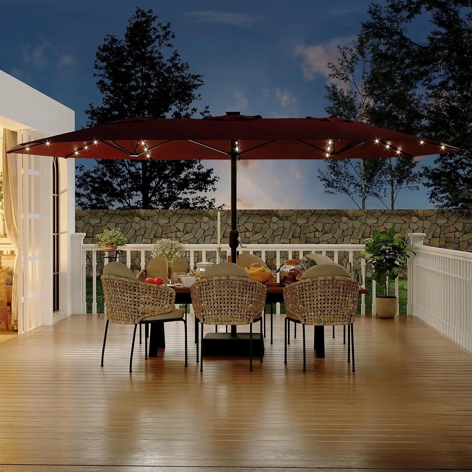 15Ft Rectangular Umbrella, Solar Lights 36 LED Lights, Base, Crank Handle