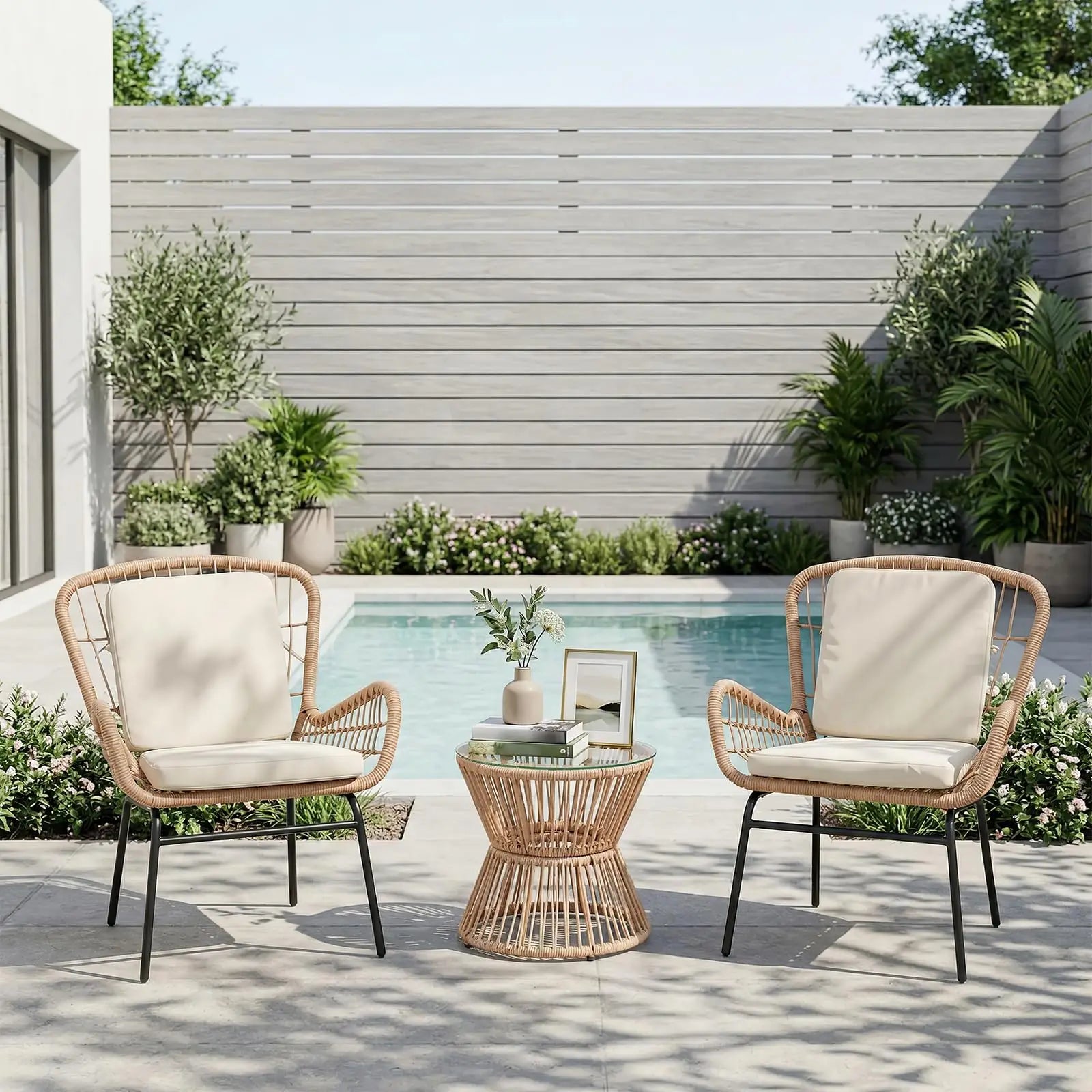 3PCS Patio Set PE Rattan Bistro Set-2 Wide Cushioned Chairs Glass Table