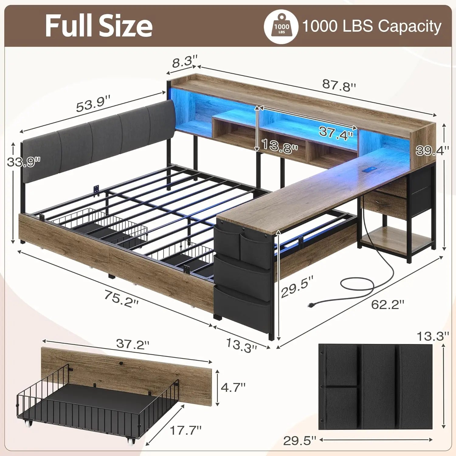 Corner Bed Full Desk Headboard 4 Drawers 6 Shelves LED USB