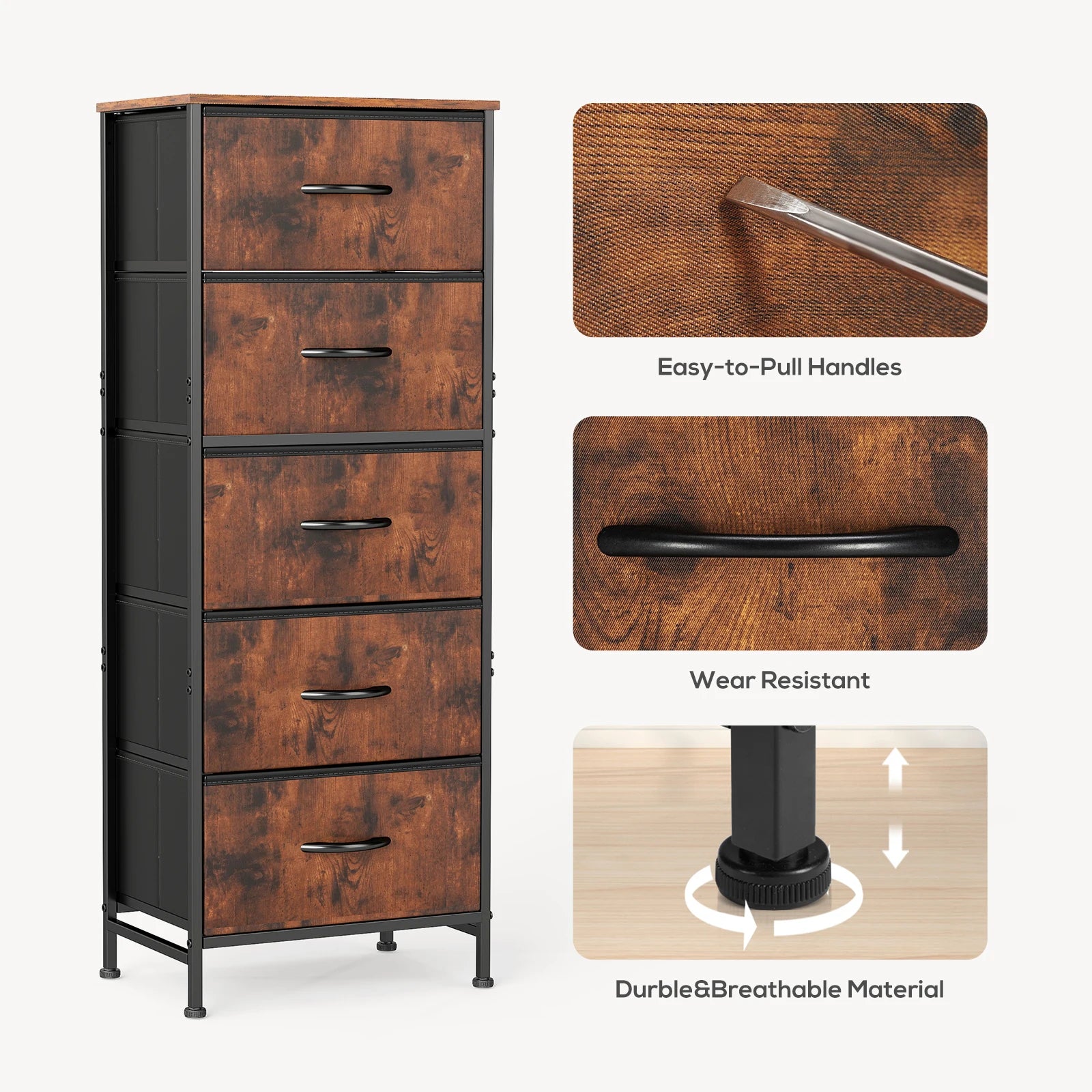48IN Dresser 5 Fabric Drawers Steel Frame Clothes Storage Cabinet
