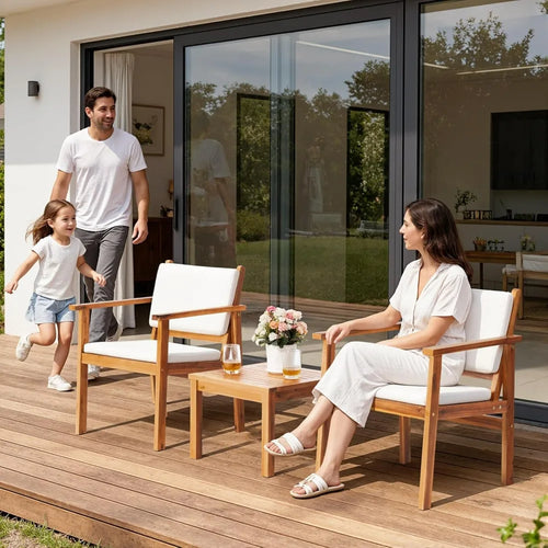 3 Piece Acacia Wood Patio Coffee Table, Chairs & Cushions