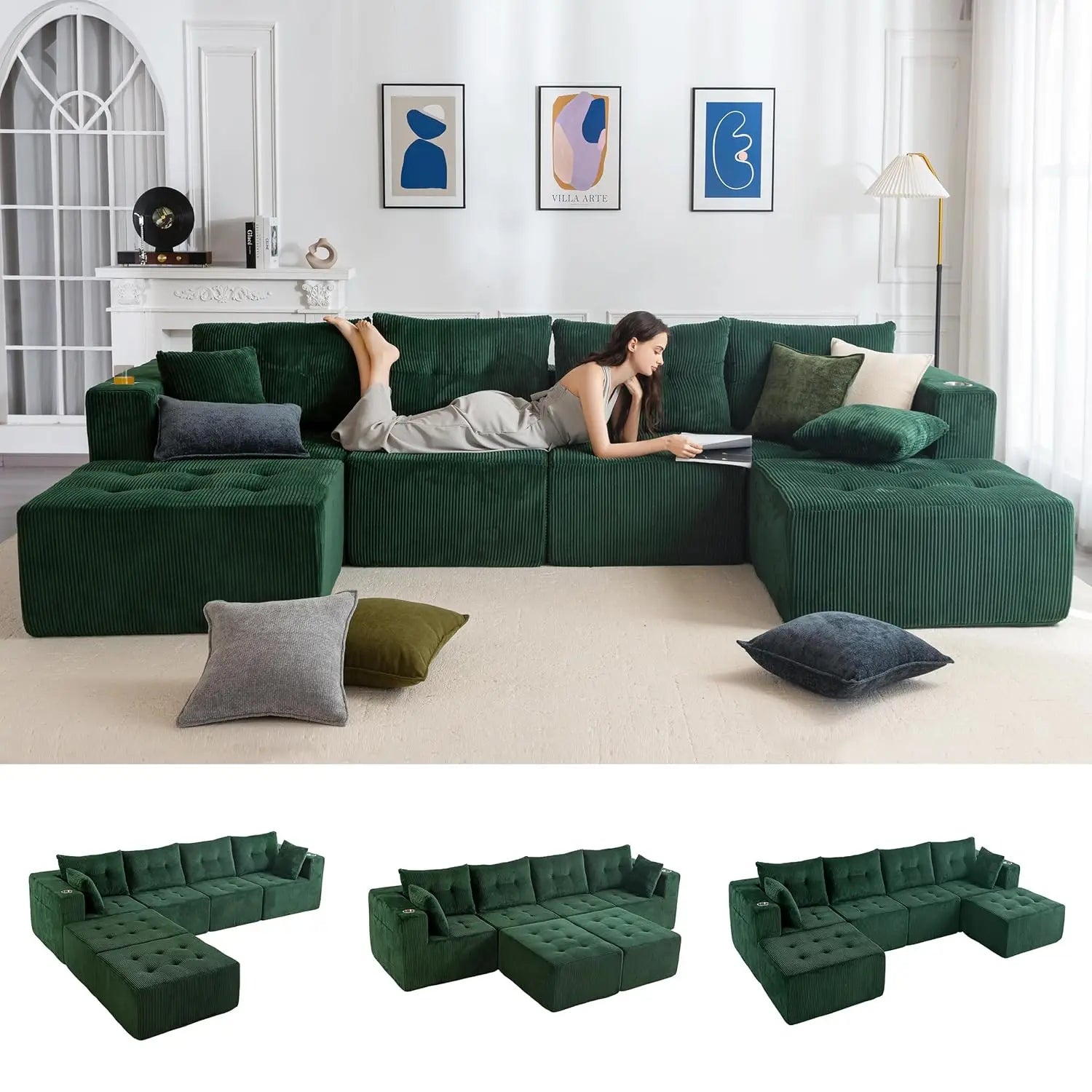 129.5" U Shaped Sectional, 2 Ottomans, Tufted Cloud 6 Seat Sleeper